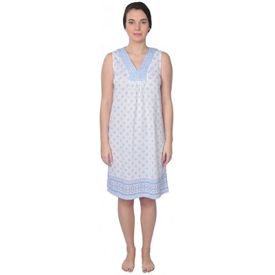 Nightgowns & Sleepshirts Women's Floral Print Cotton Blend Short Sleeve Knit Nightgown - Blue Sleeveless Printed Gown - CJ183...