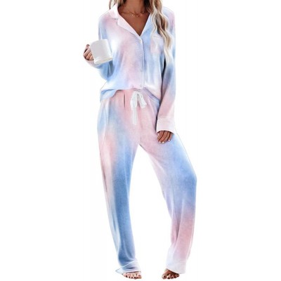 Sets Women Tie-dye Pajamas Summer 2020 New Comfortable Long Sleeve Round Neck Two-Piece Suit - Blue - CY19CDHTQUM