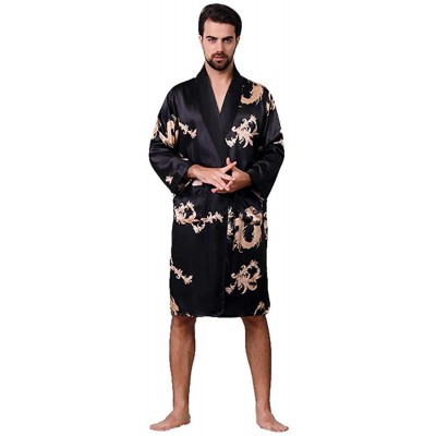 Robes Men's Kimono Robe Long Shawl Collar Silk Dragon Lightweight Bathrobes Sleepwear - Black No Shorts - CD18HQHW3WA