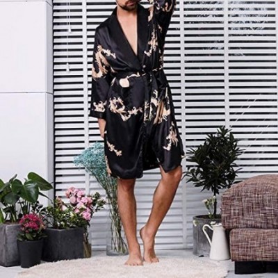 Robes Men's Kimono Robe Long Shawl Collar Silk Dragon Lightweight Bathrobes Sleepwear - Black No Shorts - CD18HQHW3WA