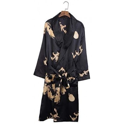 Robes Men's Kimono Robe Long Shawl Collar Silk Dragon Lightweight Bathrobes Sleepwear - Black No Shorts - CD18HQHW3WA