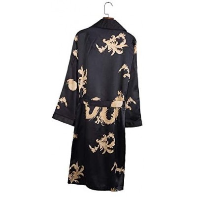 Robes Men's Kimono Robe Long Shawl Collar Silk Dragon Lightweight Bathrobes Sleepwear - Black No Shorts - CD18HQHW3WA