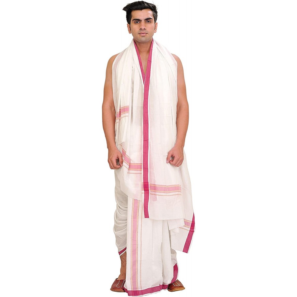 Sleep Sets White Dhoti and Angavastram Set with Woven Border - Malaga - CW12N31UHOZ