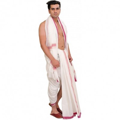 Sleep Sets White Dhoti and Angavastram Set with Woven Border - Malaga - CW12N31UHOZ