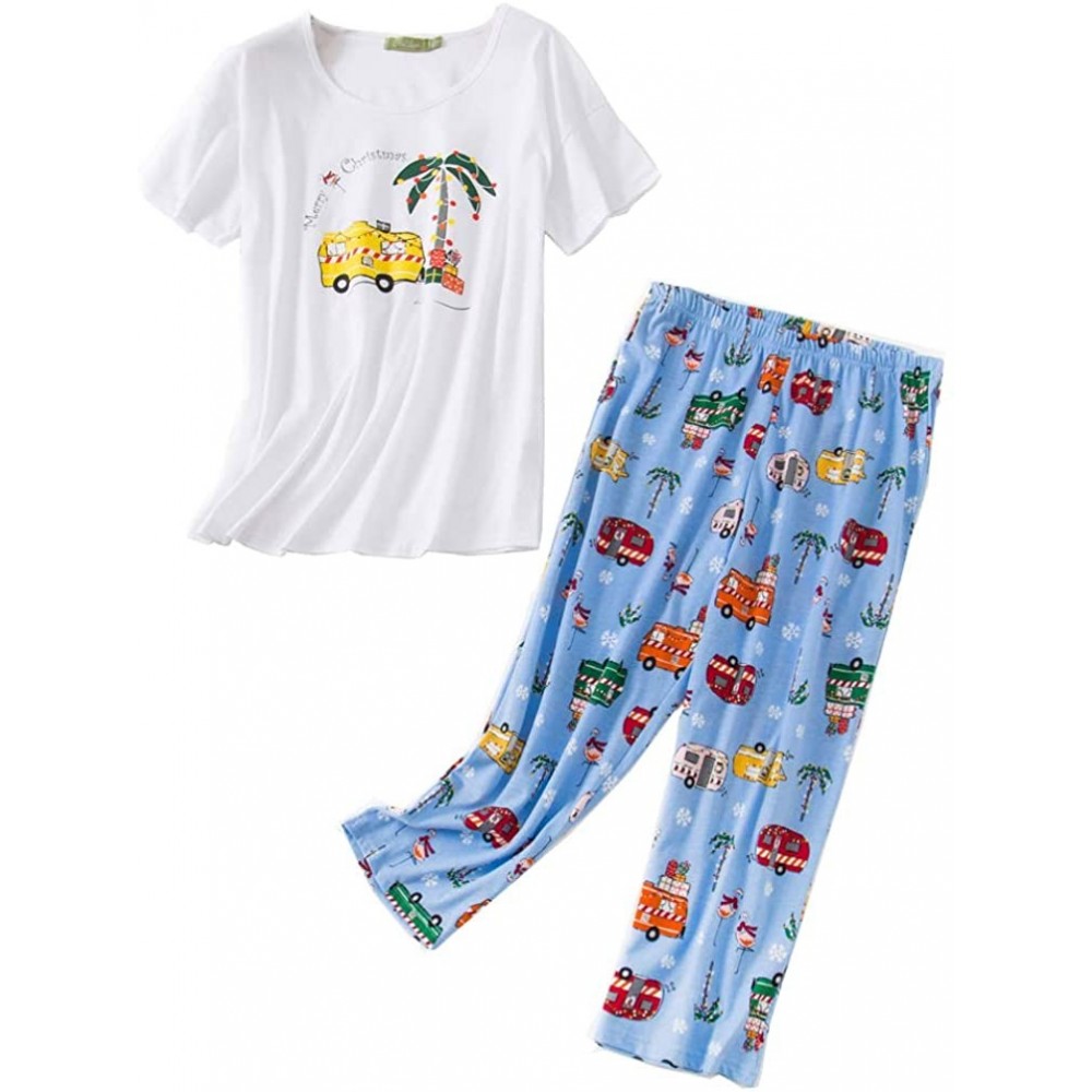 Sets Womens Pajama Set -Cute Print Tops with Capri Pants PJ Sets-2 Piece Sleepwear(M~3XL) - Blue Bus - CJ190EZZ8SE