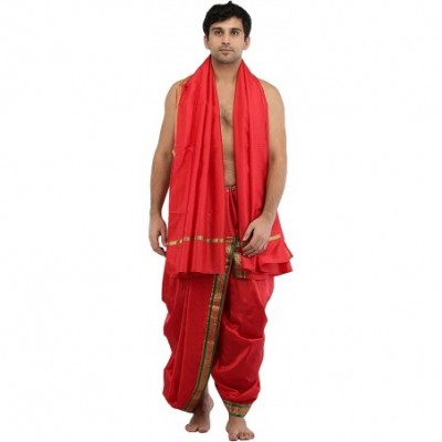 Sleep Sets Ready to Wear Dhoti and Angavastram Set with Woven Golden Border - Bittersweet Red - CO18EIT2940