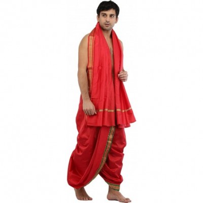 Sleep Sets Ready to Wear Dhoti and Angavastram Set with Woven Golden Border - Bittersweet Red - CO18EIT2940