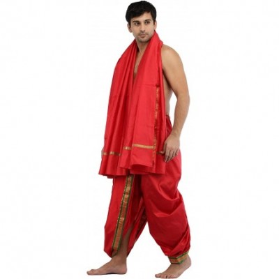 Sleep Sets Ready to Wear Dhoti and Angavastram Set with Woven Golden Border - Bittersweet Red - CO18EIT2940