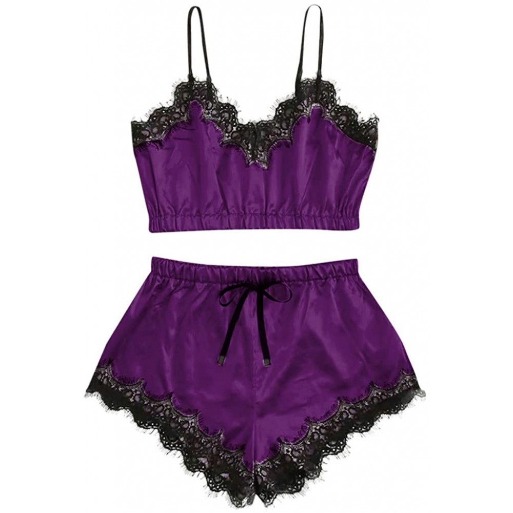 Nightgowns & Sleepshirts Women Pajamas Set Satin Silk Cami Set Silky Lace Nightwear Short Sleepwear Lingerie - F Purple - CM1...