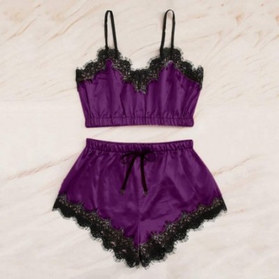 Nightgowns & Sleepshirts Women Pajamas Set Satin Silk Cami Set Silky Lace Nightwear Short Sleepwear Lingerie - F Purple - CM1...