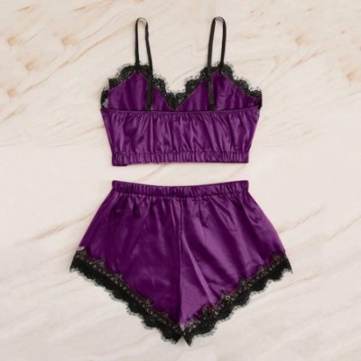 Nightgowns & Sleepshirts Women Pajamas Set Satin Silk Cami Set Silky Lace Nightwear Short Sleepwear Lingerie - F Purple - CM1...