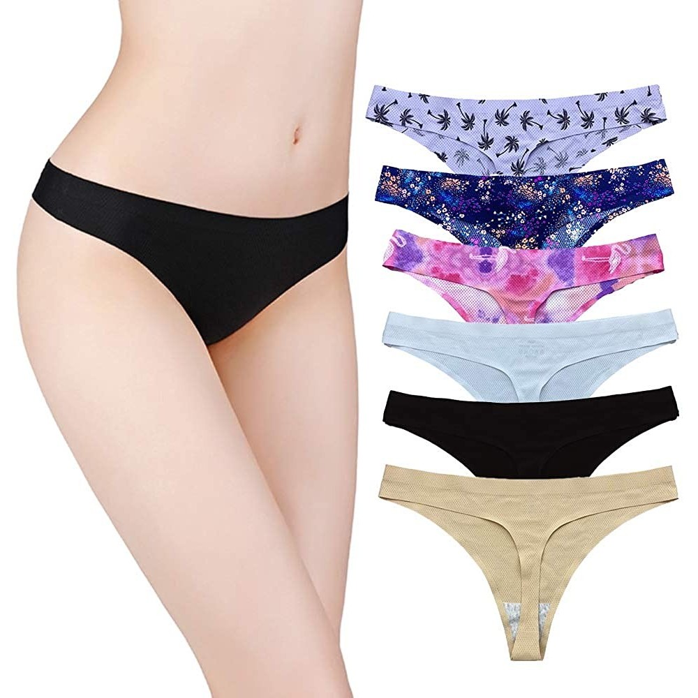 Panties Seamless Thongs Underwear for Women Nylon No Show Ladies Sexy Floral Panties Low Waisted Pack Set - B/W/N/P/T/B - CT1...