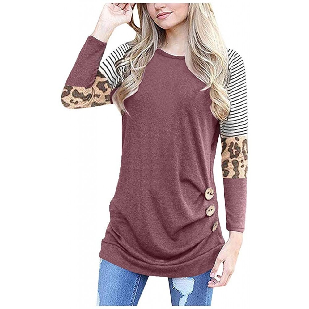 Slips Womens Loose Blouse Fashion Patchwork Sleeve Long Sleeve O-Neck Shirt Tops Tunic Casual T-Shirt - Wine Red - CY1945DW52T