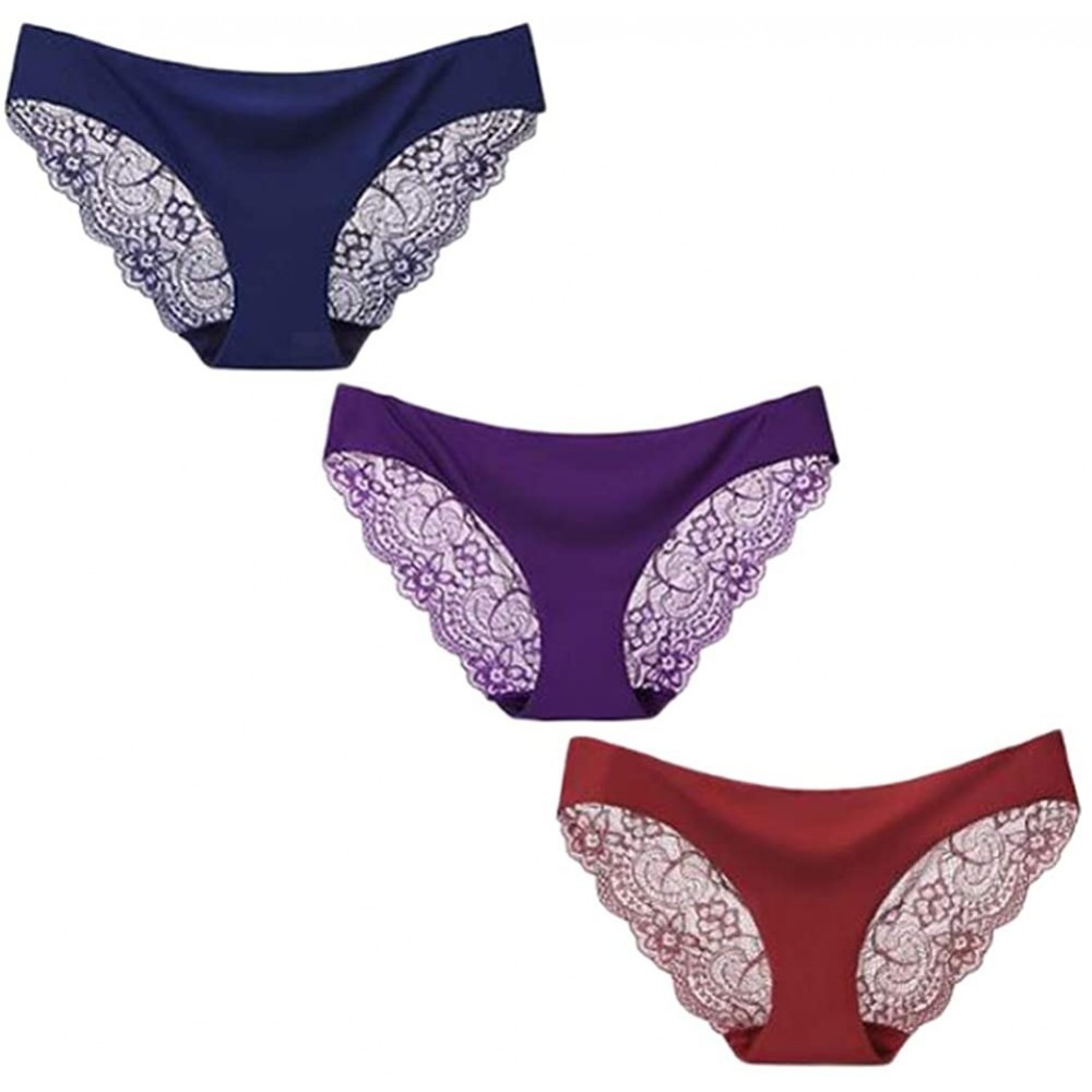 Panties Womens Ice Silk Underwear Seamless Sexy Lace Bikini Panties Multipack - Purple- Wine Red&navy - C218WNEIH0L