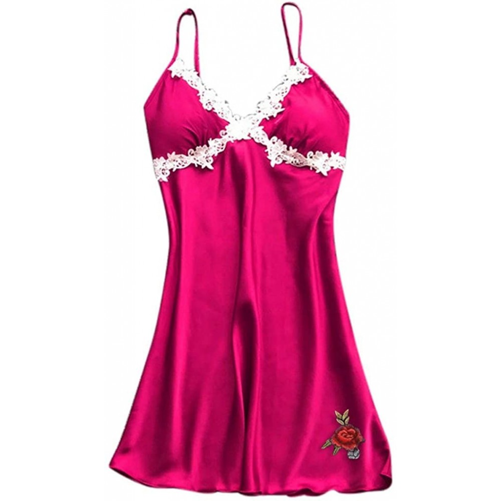 Robes Women's Sleepwear Sexy Lingerie Satin Lace Chemise Nightgown Rose Embroidery Nightwear Loungewear - Rose Red - CU18QNWR5DD