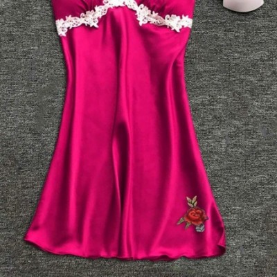 Robes Women's Sleepwear Sexy Lingerie Satin Lace Chemise Nightgown Rose Embroidery Nightwear Loungewear - Rose Red - CU18QNWR5DD