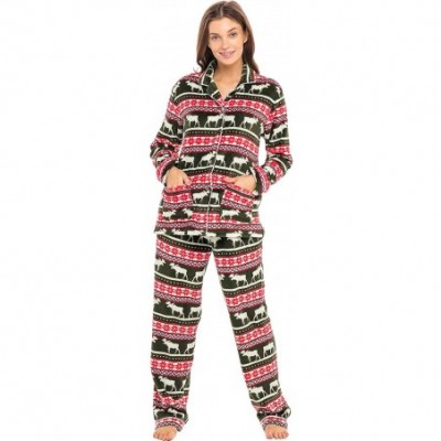 Sets Women's Warm Fleece Pajamas- Long Button Down Pj Set - Red Winter Moose - C318TRI3NIZ