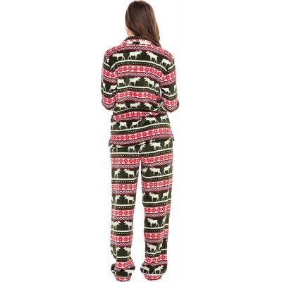 Sets Women's Warm Fleece Pajamas- Long Button Down Pj Set - Red Winter Moose - C318TRI3NIZ