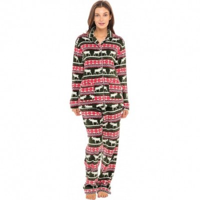 Sets Women's Warm Fleece Pajamas- Long Button Down Pj Set - Red Winter Moose - C318TRI3NIZ