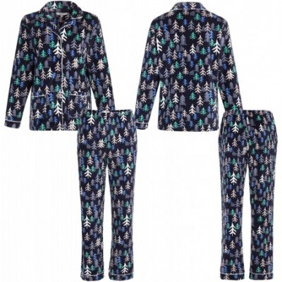 Sets Women's Warm Fleece Pajamas- Long Button Down Pj Set - Red Winter Moose - C318TRI3NIZ