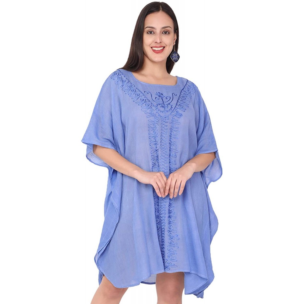 Nightgowns & Sleepshirts Women's Tunic Rayon Short Caftan Embroidered Summer Dress (Free Size) - Blue - CV193EIICA2