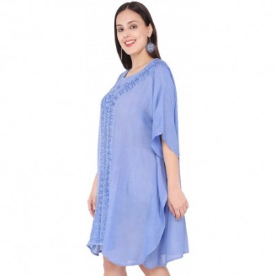 Nightgowns & Sleepshirts Women's Tunic Rayon Short Caftan Embroidered Summer Dress (Free Size) - Blue - CV193EIICA2