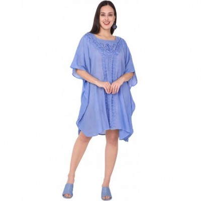 Nightgowns & Sleepshirts Women's Tunic Rayon Short Caftan Embroidered Summer Dress (Free Size) - Blue - CV193EIICA2