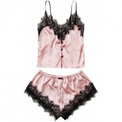 Sets Women's Lace Trim Satin Cami Top with Shorts Pajama Set Sleepwear - Pink - CX198755CC7