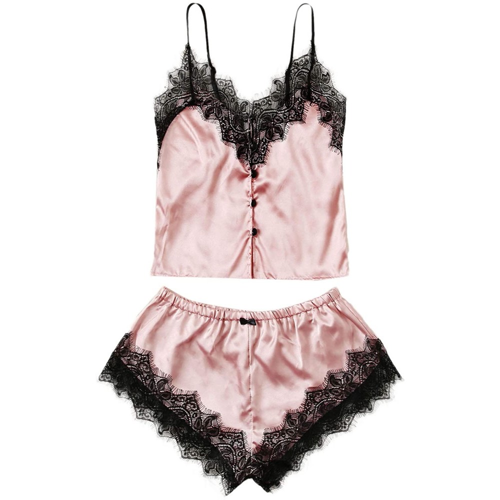 Sets Women's Lace Trim Satin Cami Top with Shorts Pajama Set Sleepwear - Pink - CX198755CC7