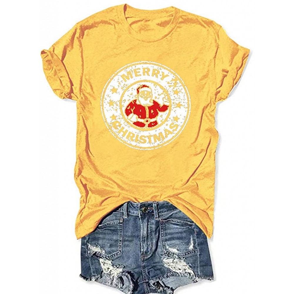 Baby Dolls & Chemises Women's Merry Christmas Shirt Santa Print Casual Round Neck Short Sleeve T-Shirt Top - Yellow - CH192I0...