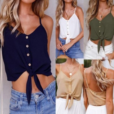 Camisoles & Tanks Tank Tops for Women Spaghetti Strap-Summer Casual V Neck Buttons Down Tie Front Sleeveless Crop Cami Tops C...