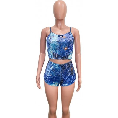 Sets 2 Piece Pajamas for Women - Sexy Velvet Short Sets Spaghetti Strap Crop Top + Shorts Set - Tie Dye-blue - CL19C4TUX9Q