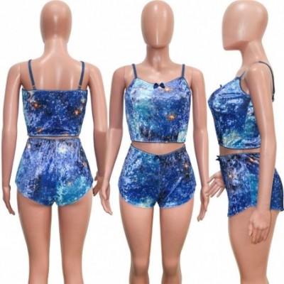 Sets 2 Piece Pajamas for Women - Sexy Velvet Short Sets Spaghetti Strap Crop Top + Shorts Set - Tie Dye-blue - CL19C4TUX9Q