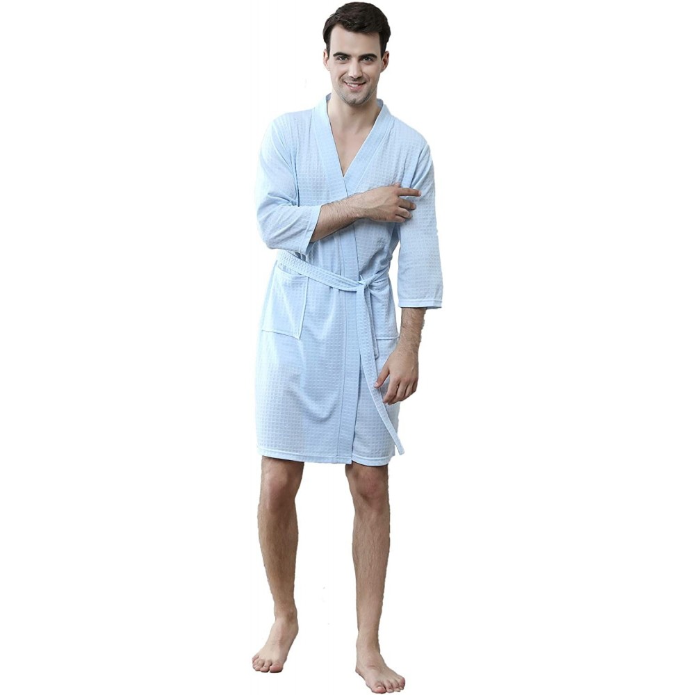 Robes Soft Waffle Men Women Bathrobe Autumn Long Robe Sleepwear Pajamas Kimono - Light Blue - C318IETTSAX