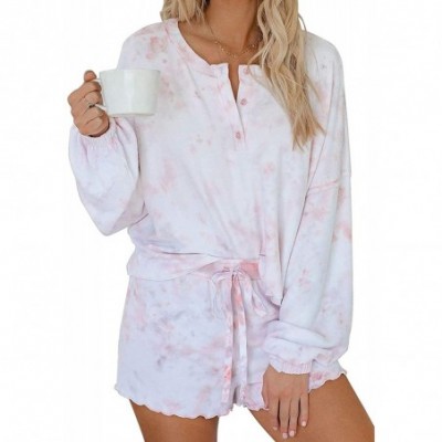 Sets Womens Tie Dye Printed Pajama Set Tops and Ruffle Shorts 2 Piece Sets PJ Set Nightwear Sleepwear - Light Pink - C5199RLIZT8