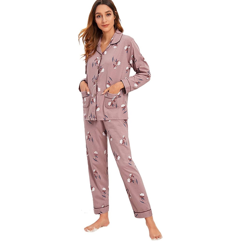 Sets Women's Pajamas Set Button Down Sleepwear Long Sleeve Nightwear Pants Loungewear - Pink - CG18XHASQQI