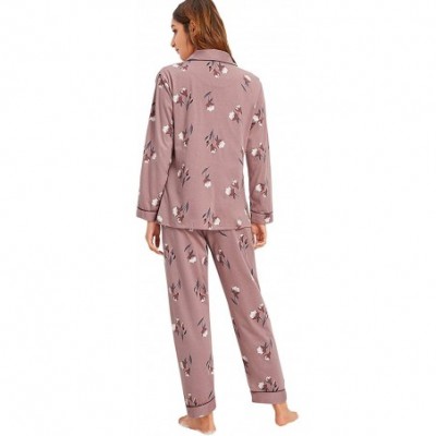 Sets Women's Pajamas Set Button Down Sleepwear Long Sleeve Nightwear Pants Loungewear - Pink - CG18XHASQQI