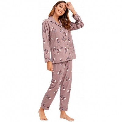 Sets Women's Pajamas Set Button Down Sleepwear Long Sleeve Nightwear Pants Loungewear - Pink - CG18XHASQQI