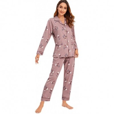 Sets Women's Pajamas Set Button Down Sleepwear Long Sleeve Nightwear Pants Loungewear - Pink - CG18XHASQQI