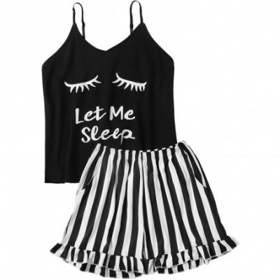 Sets Women's Letter Print Tank Top and Drawstring Shorts Pajama Set - Black and White - C318RCZL30Q