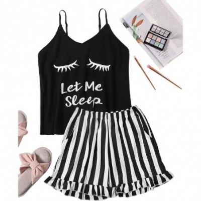 Sets Women's Letter Print Tank Top and Drawstring Shorts Pajama Set - Black and White - C318RCZL30Q