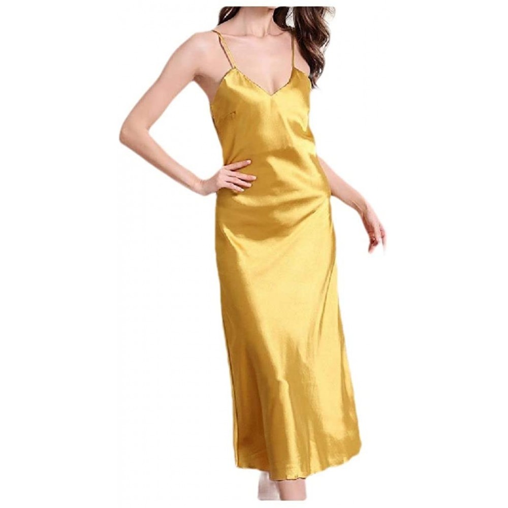 Tops Women's V Neck Solid Color Slip Breathable Thin Stretch Elegant Sleepwear - Yellow - CF190XDG4RE