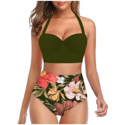 Garters & Garter Belts Women Floral Print Tankini High Waist Crop Tops+Shorts Two Piece Swimwear Halter Bathing Suit Monokini...