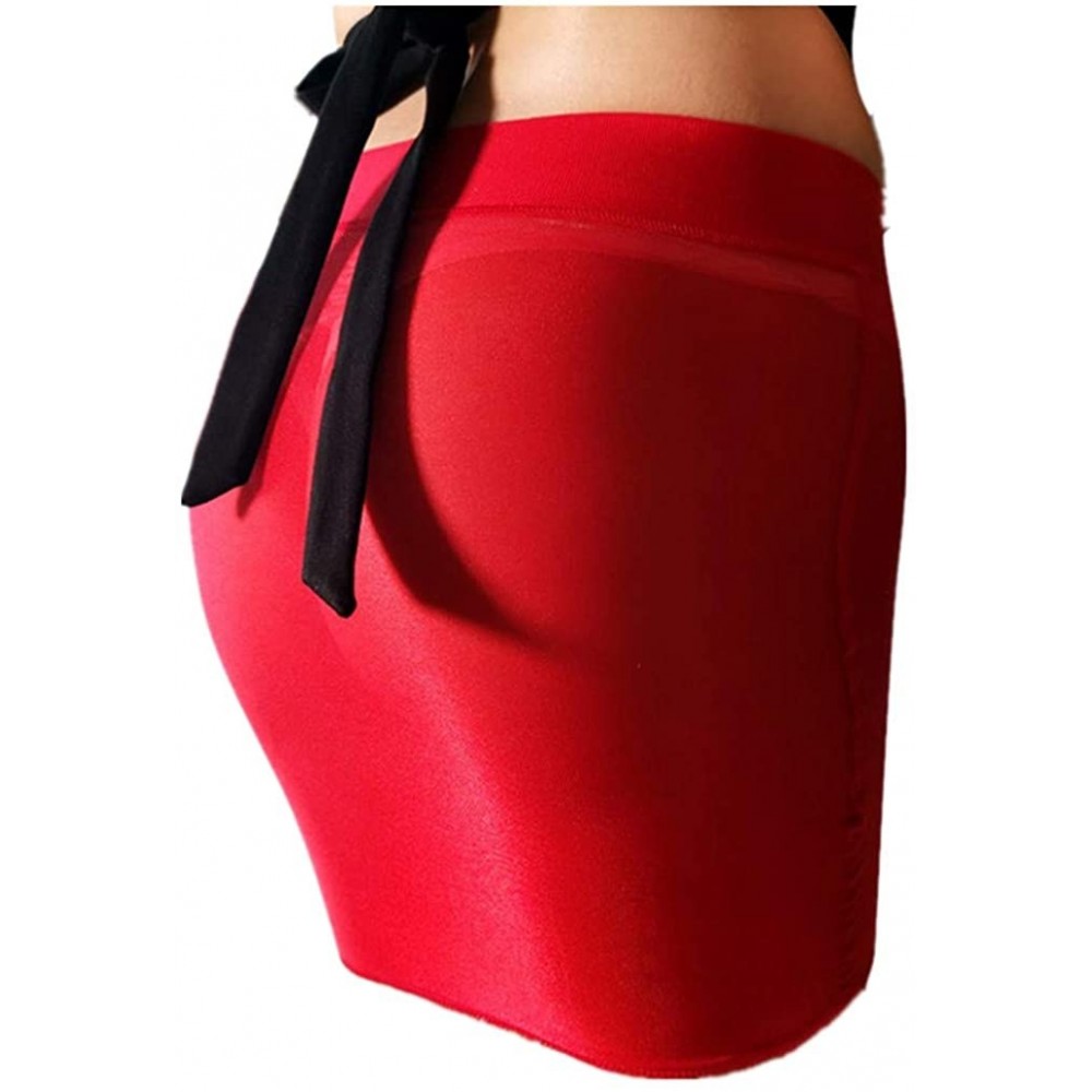 Accessories Women Sexy Perspective Tight Fitting Silk Mini Skirts Elastic Night Club Skirts Underwear Lingerie - Red - CQ197W...