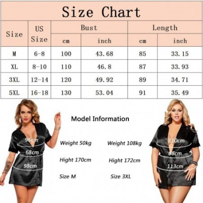 Robes Women's Plus Size Satin Robe Short Sleeve Bathrobe Short Kimono Robe with Oblique V-Neck M-5XL - Black - C718S5XD0UD