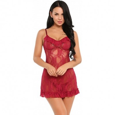 Nightgowns & Sleepshirts Women Lingerie Lace Babydoll Nighty V Neck Nightwear Strap Sleepwear Chemise - Dark Red(5655) - CJ19...