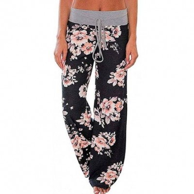 Bottoms Women's Comfy Pajama Pants Floral Print Drawstring Palazzo Wide Leg Lounge Pants - 1818 Black - C718M0Q7TXX