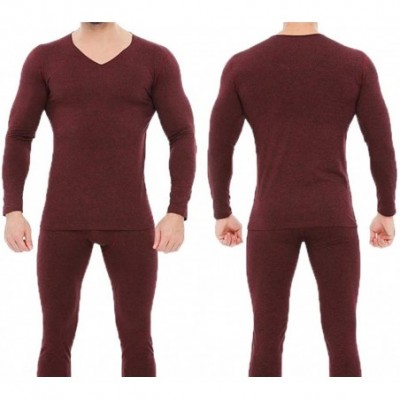 Thermal Underwear Men's Ultra Soft Long Johns Set Seamless Thermal Underwear Long Sleeve Base Layer with V-Neck - Maroon - CK...